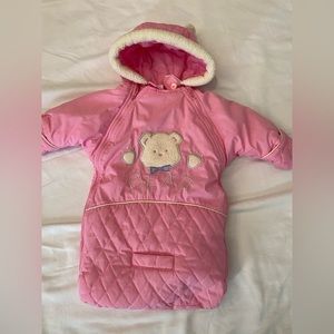 Adorable pink onesie ski jacket with side zippers! Jodie has bear ears!